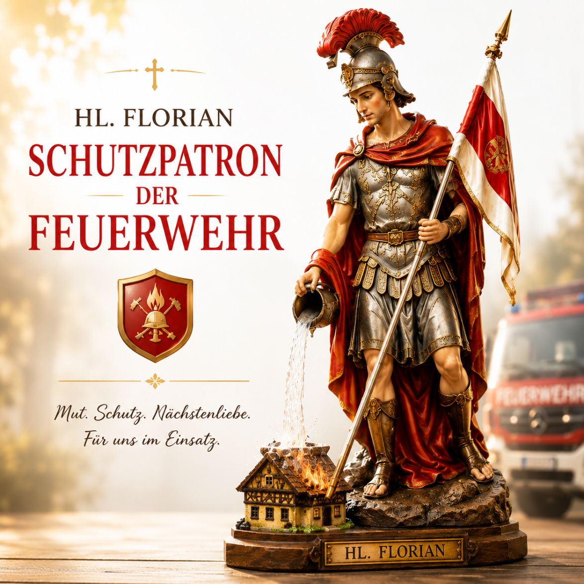 Heiliger Florian als gezeichnetes Heiligenbild – Schutzpatron der Feuerwehr und Helfer in Gefahr durch Feuer.